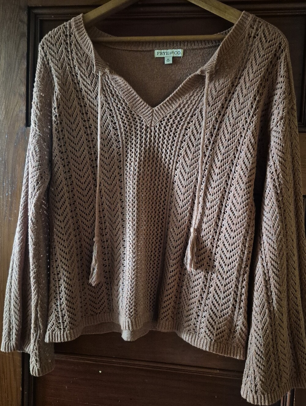 Frye Taupe Open-Weave V-Neck Sweater with Tassel Drawstrings Neutral Camel Pink